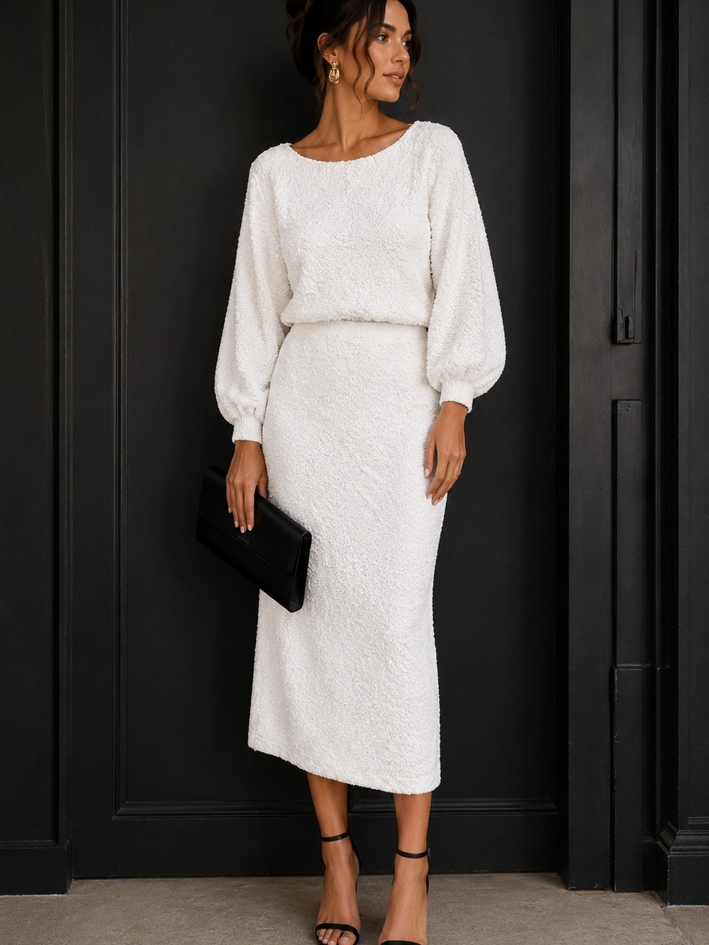 MEROKEETY Fall Fuzzy Crew Neck Pullover Top And Maxi Skirt Set - NWT
